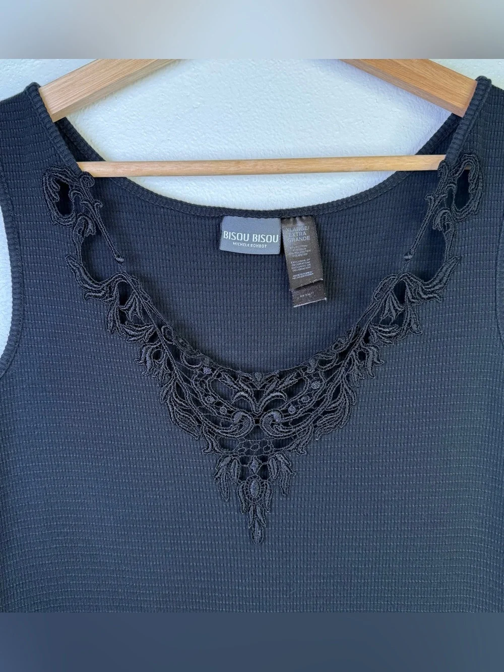 Bisou Bisou Women's Vintage Y2K Black Ribbed Knit Fitted Boho Tank Top Size XL - Picture 5 of 16